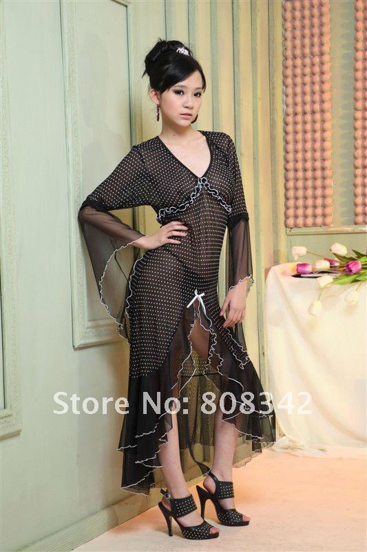 Free Shipping Black Sexy Robe Nightwear Sexy Lingerie Lace Intimate Nighgown Brand Sexy Lady Sexy SleepWear H10226