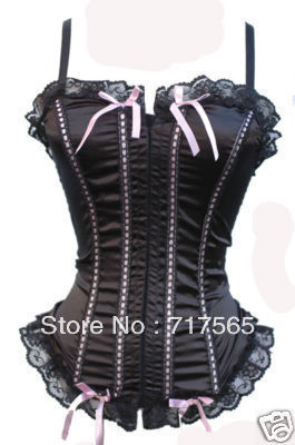 Free Shipping Black Sexy Women Lace Trim Overbust Corset With Ribbon Details S- 2XL