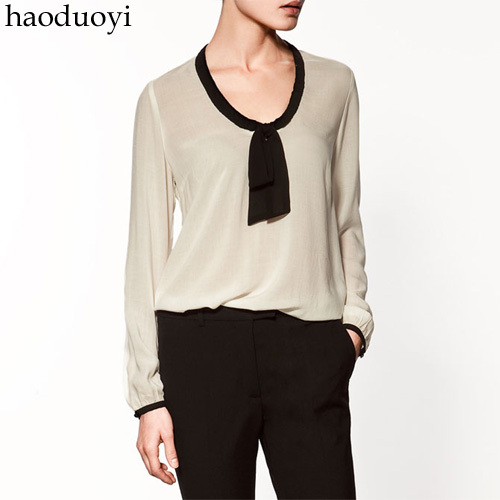 Free Shipping Black slender bow o-neck long-sleeve women's white chiffon shirt 6 full