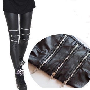 Free shipping Black Tights Pants Fashion Slim Style Zipper Hole PU Leather Leggings For Women