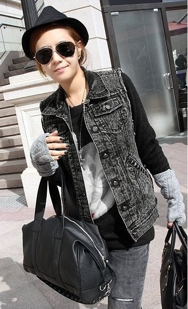 Free shipping Black turn-down collar denim vest 9649