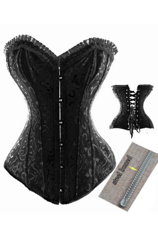 Free Shipping Black Vintage Floral Embroidered Steel Boning Corset  with Trimmed Ruffles LB4228 SizeS M L XL 2XL 3XL 4XL 5XL 6XL