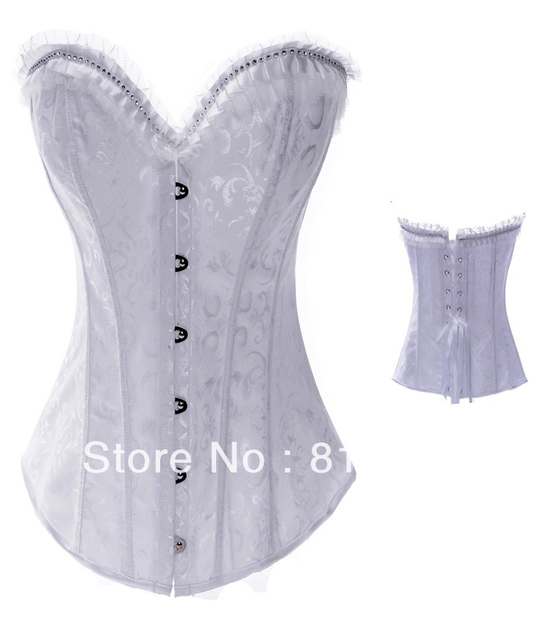 Free shipping Black/White lace up boned corset bustier with lace trim and stones +G-string S-2XL