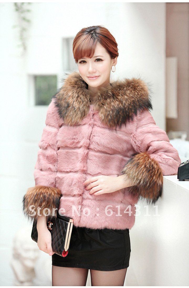 Free shipping  Black white pink  The nobility luxury fur hooded jacket