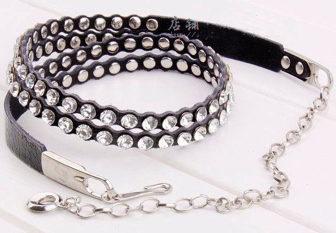 free shipping black white, red,orange crystal genuine leather belt,women cow leather Chain rhinestone belt for clothes