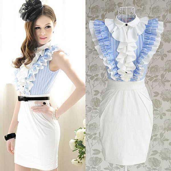 Free shipping blue white ruffles chiffon patchwork sleeveless striped women sheath OL working dress new fashion 2013