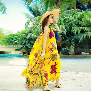 free shipping Bohemia chiffon full dress beach dress large skirt one-piece dress yellow dress