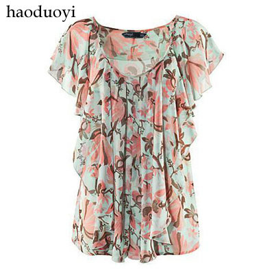 Free Shipping  bohemia orange pink is green flower ruffle chiffon shirt hm6 full