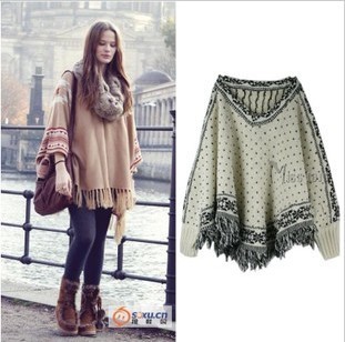 free shipping Bohemia tassel poncho knitted shawl autumn and winter sweater outerwear