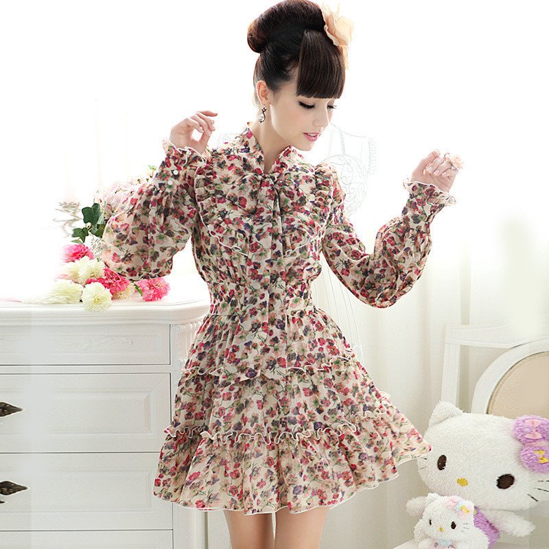 free shipping bow bandeaus long-sleeve chiffon  womens dress pary dresses color beige