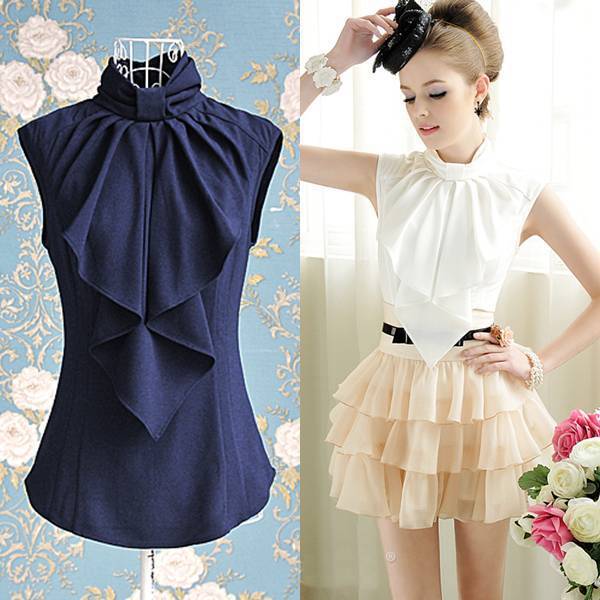 Free shipping bow ruffles sleeveless women slim formal OL blouse shirt new fashion 2013