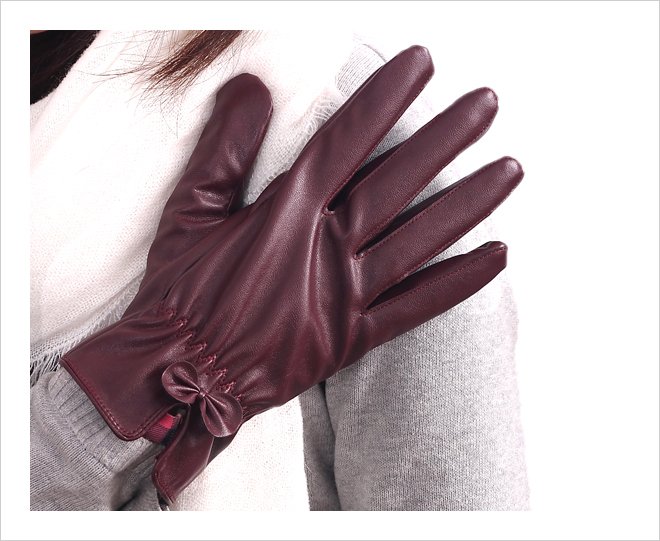 free shipping Bow women's PU leather gloves autumn and winter women's super flannelet