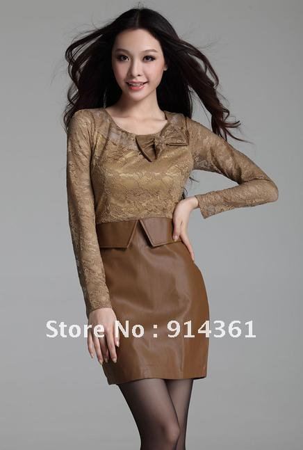 Free    shipping    Bowknot leather skirt cultivate one's morality bud silk long-sleeved dress