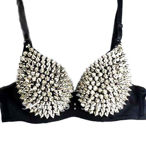 FREE SHIPPING Bra Women Party Disco All-over Spike Stud Design Bra Metallic Punk Dance Bra Best Quality