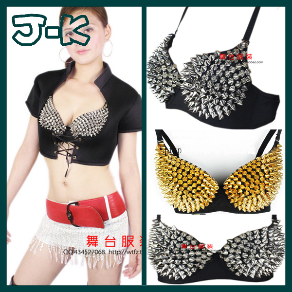 FREE SHIPPING Bra Women Party Disco All-over Spike Stud Design Bra Metallic Punk Dance Bra Best Quality