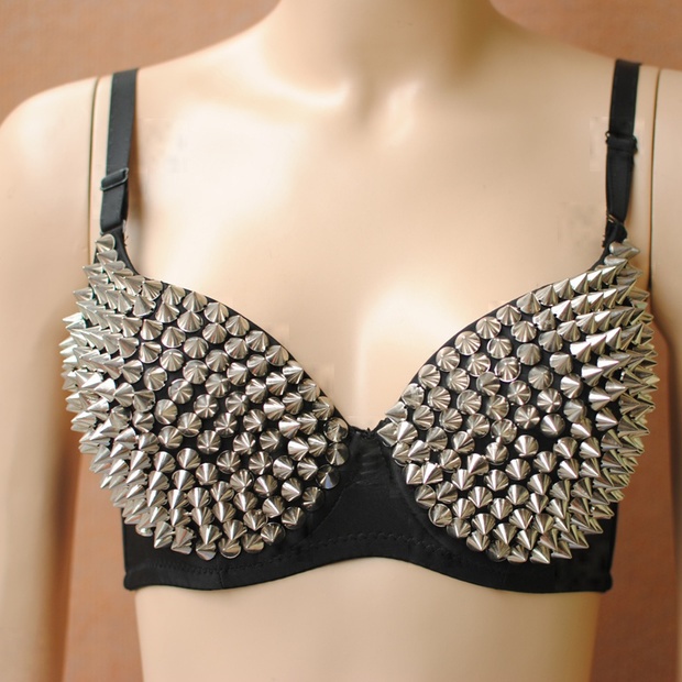 FREE SHIPPING  Bra Women Party Disco All-over Spike Stud Design Bra Metallic Punk Dance Bra ladygaga rivet bra