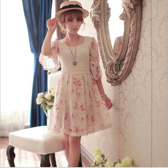 Free Shipping Brand 2013 women sweet vintage retro lace dress with Lace chiffon casual floral flower dresses for women FD00060