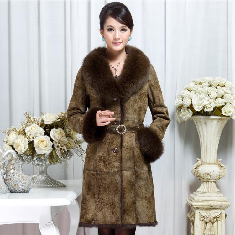 Free shipping!brand new 2012 hot fashion plus size one piece thick fox fur collar genuine leather rabbit fur coat