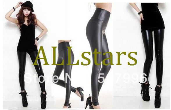 Free shipping Brand New 2013 Fashion WOMAN Shiny Metallic High Waist Black Stretchy Leather Leggings/Tights/Pants D-24