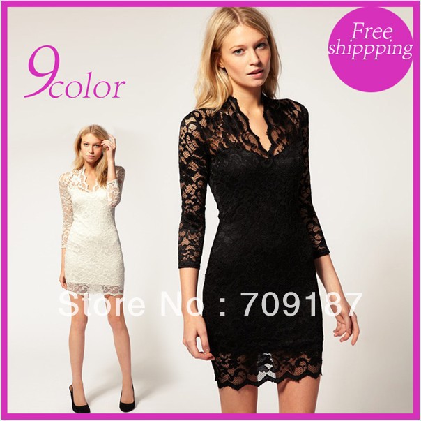 FREE SHIPPING BRAND NEW Hot Fashion Women LACE SLIM V-NECK 3/4 SLEEVE DRESS 8 Color