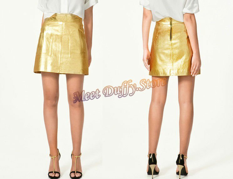 Free shipping brand  women summer golden leather  skirts lady a-line mini  faux skirt