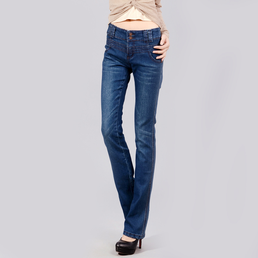 Free shipping Breasted jeans female 2013 flare trousers elastic slim boot cut plus size casual pants