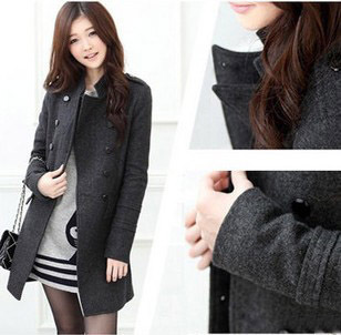 Free shipping British style women's casual double breasted stand collar wool woolen overcoat medium-long outerwear trench