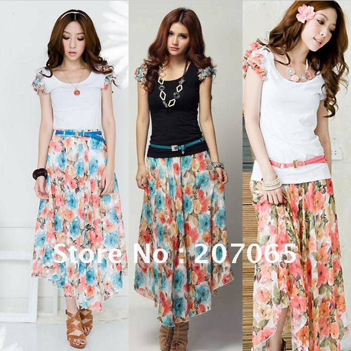 Free shipping broken Summer Bohemian cotton T + flower beautiful long skirts+belt,women chiffon dress SIZE S,M,L,XL,XXL