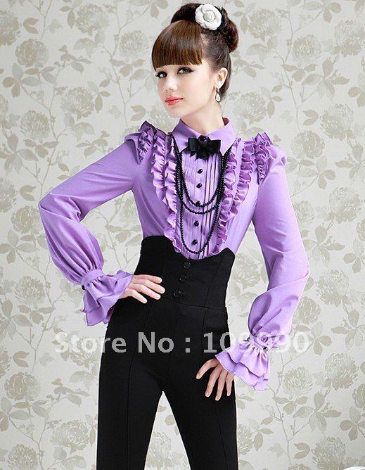 Free shipping Bubble sleeve stylish and elegant noble moral slim bow lady women Blouse toxedo Shirt 2012NEW b9312