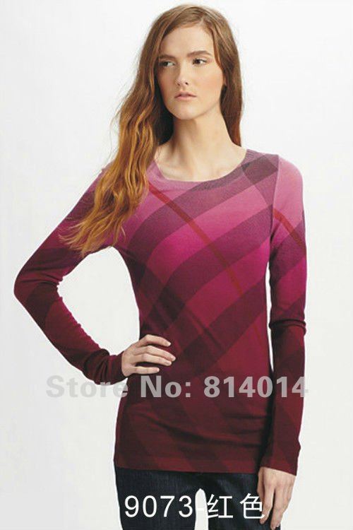 Free shipping Bur berrynew fashion plaid women shirt, women long sleeve T-shirt , red O-NECK T-shirt  #9073