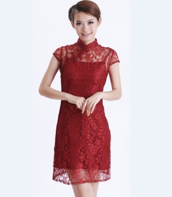 Free Shipping burgundy Chinese women's mini dress /Cheongsam size 6 8 10 12 14 16