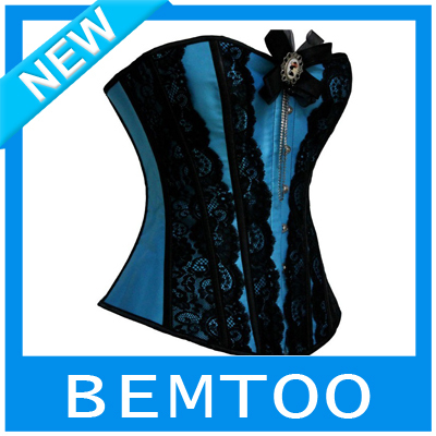 Free shipping, button front back lace lace corset bustier blue