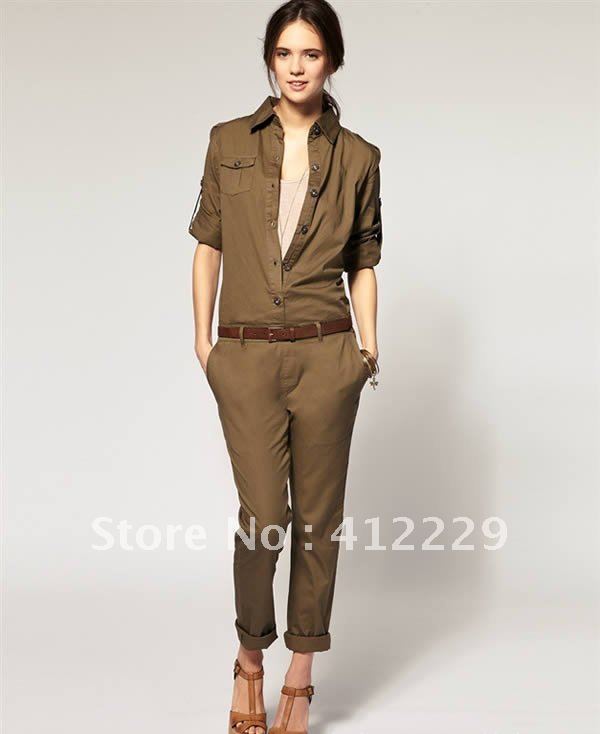 Free shipping button placket badges decorative pockets belt cotton solid Jumpsuits & Rompers 2012 new fashion