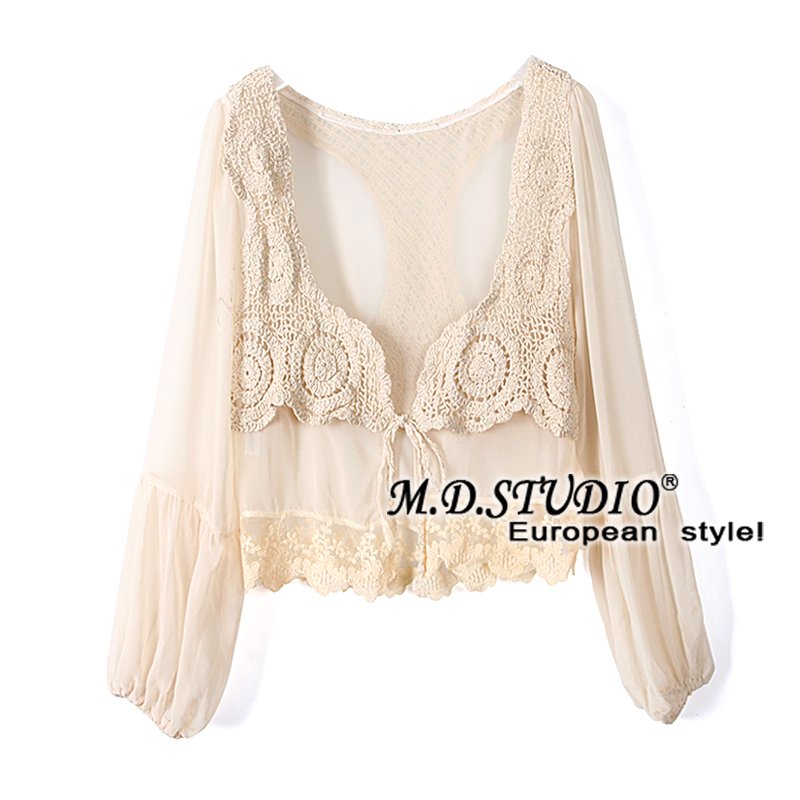 Free shipping--- C379 2012 AMIO sweet cutout crochet V-neck lantern sleeve chiffon faux two piece set cardigan