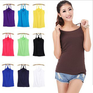 Free shipping candy color Slim all-match candy color 100% cotton rib knitting y long design spaghetti strap vest