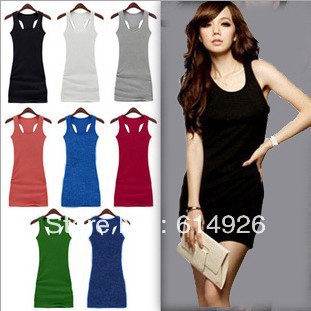 Free Shipping Candy Colors cotton Women's Casual Solid H back vest dress vest tops long T shirt Dress