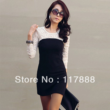 Free shipping Card 2013 slim basic skirt color block decoration lace one-piece dress women's long-sleeve c869