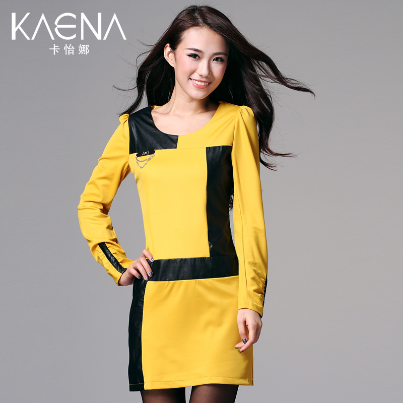 free shipping Card fashion color block leather skirt ol slim one-piece dress autumn long-sleeve dress