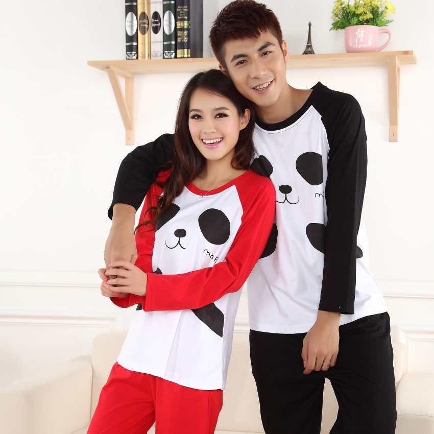 Free shipping Cartoon lovers sleepwear long-sleeve cotton male women's sleepwear lounge set festive red sleepwear