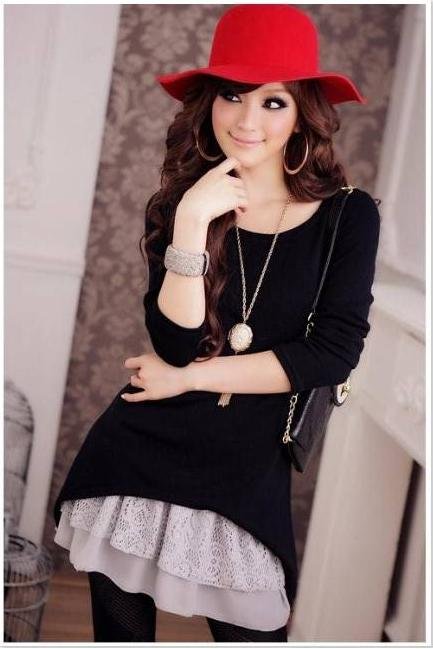 Free Shipping casual dress autumn 2012 long-jacket dress two-piece knit sexy lace 100% Quality  Assurance