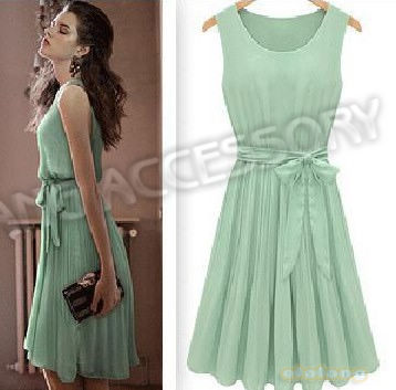 Free Shipping Casual Light Green Chiffon Dresses O-Neck Sleeveless Bohenmia Pleated Princess Long Summer Dress SIZE S/M/L