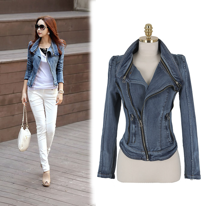 Free shipping Casual slim all-match wowed denim outerwear short design oblique zipper long-sleeve jacket short jackets women