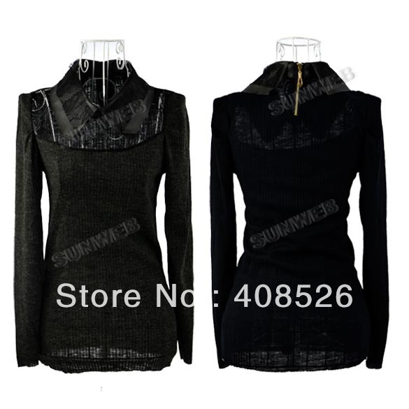 Free shipping Casual Women Long Sleeve Synthetic Leather Collar Knitting Lace Shirt Tops Blouse Black, Gray 9238