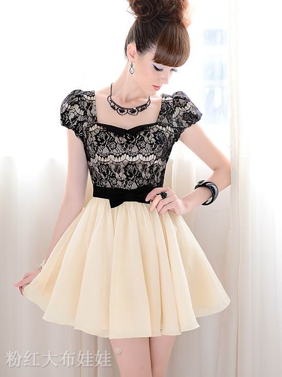 Free shipping casual women's dress, beige vintage dress with lace and short sleeves, size S, M, L