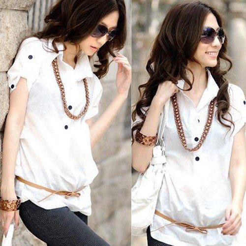 Free Shipping Casual Women White Collared Belted Button Down Fashion Top Blouse Shirt