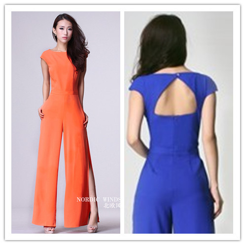 Free shipping Cathy 2012 summer fashion racerback trouser placketing wide leg pants jumpsuit