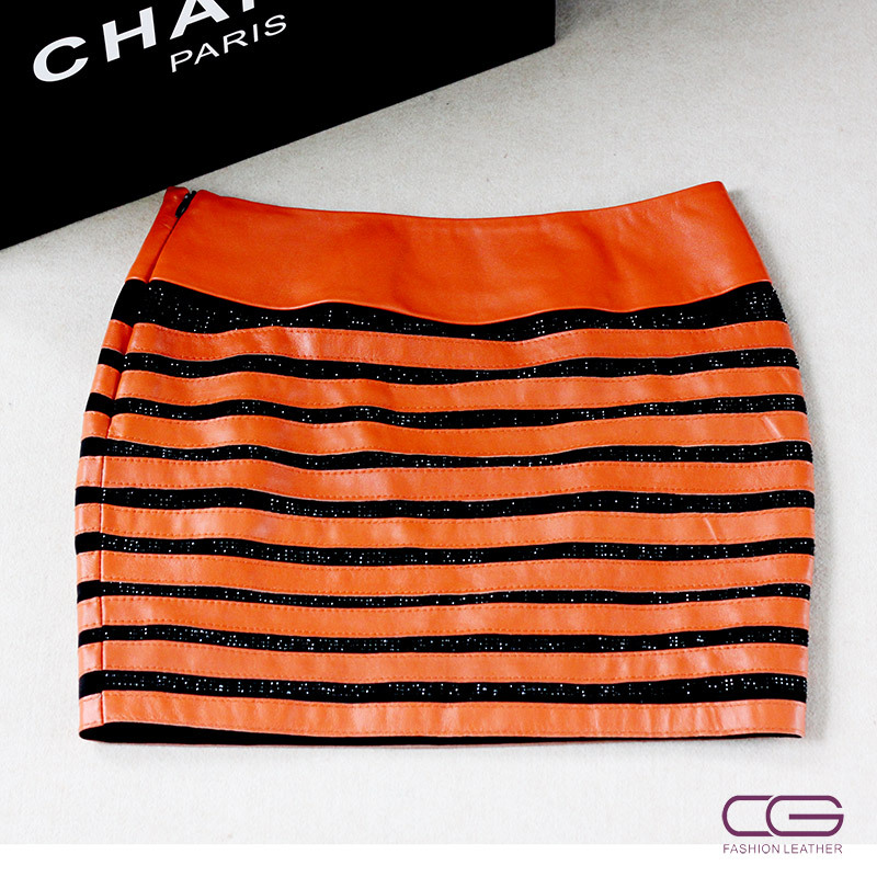 Free Shipping Cg 2012 sheepskin fine stripe a-line skirt step skirt leather skirt