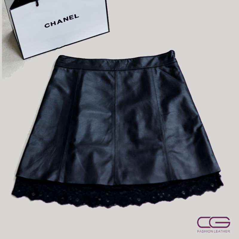 Free Shipping Cg 2012 sheepskin sweep lace a-short line bust skirt leather skirt