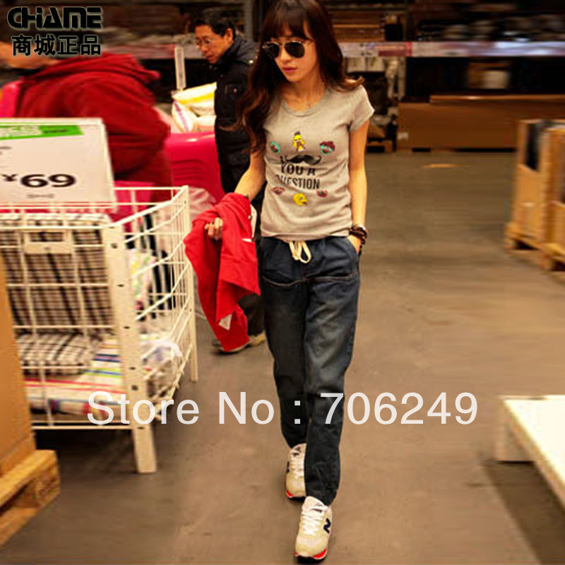 FREE SHIPPING,Chame2012 autumn harem pants female mid waist loose elastic waist casual denim long trousers,fashion ladies jeans