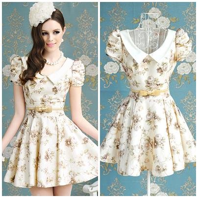 Free shipping champagne flower print bow perter pan collar puff sleeve ladies knee-length pleated vintage dress new fashion 2013